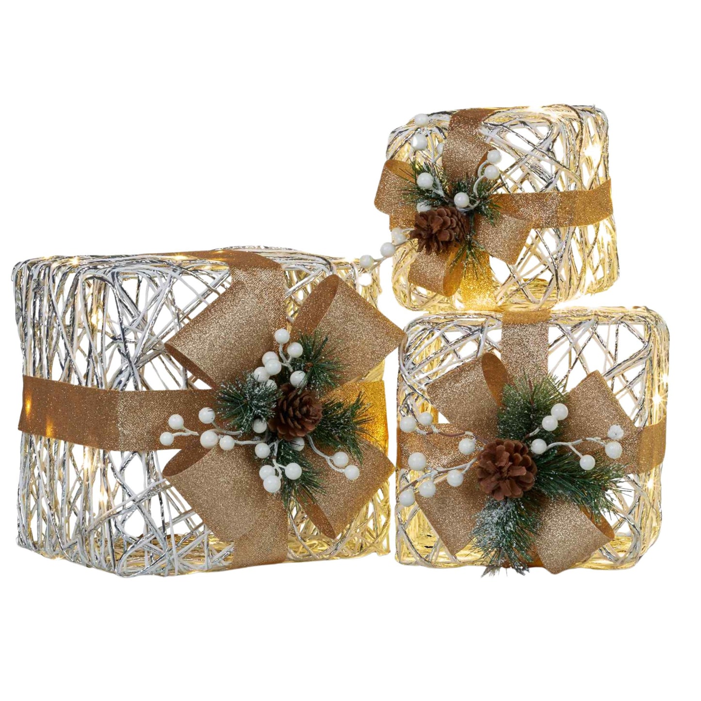Christabelle 3 Piece Christmas Present Display Set with LED Lights & Gold Bows