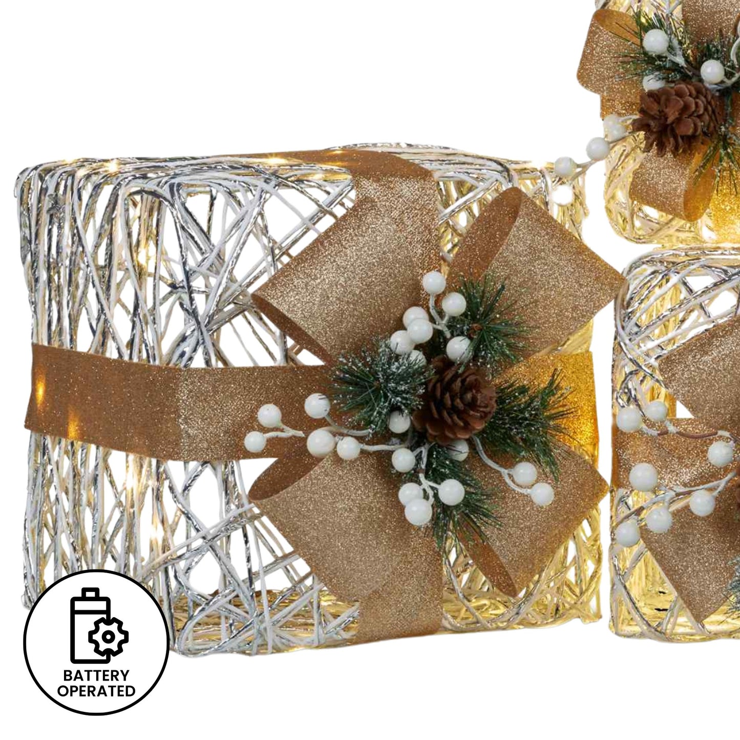 Christabelle 3 Piece Christmas Present Display Set with LED Lights & Gold Bows
