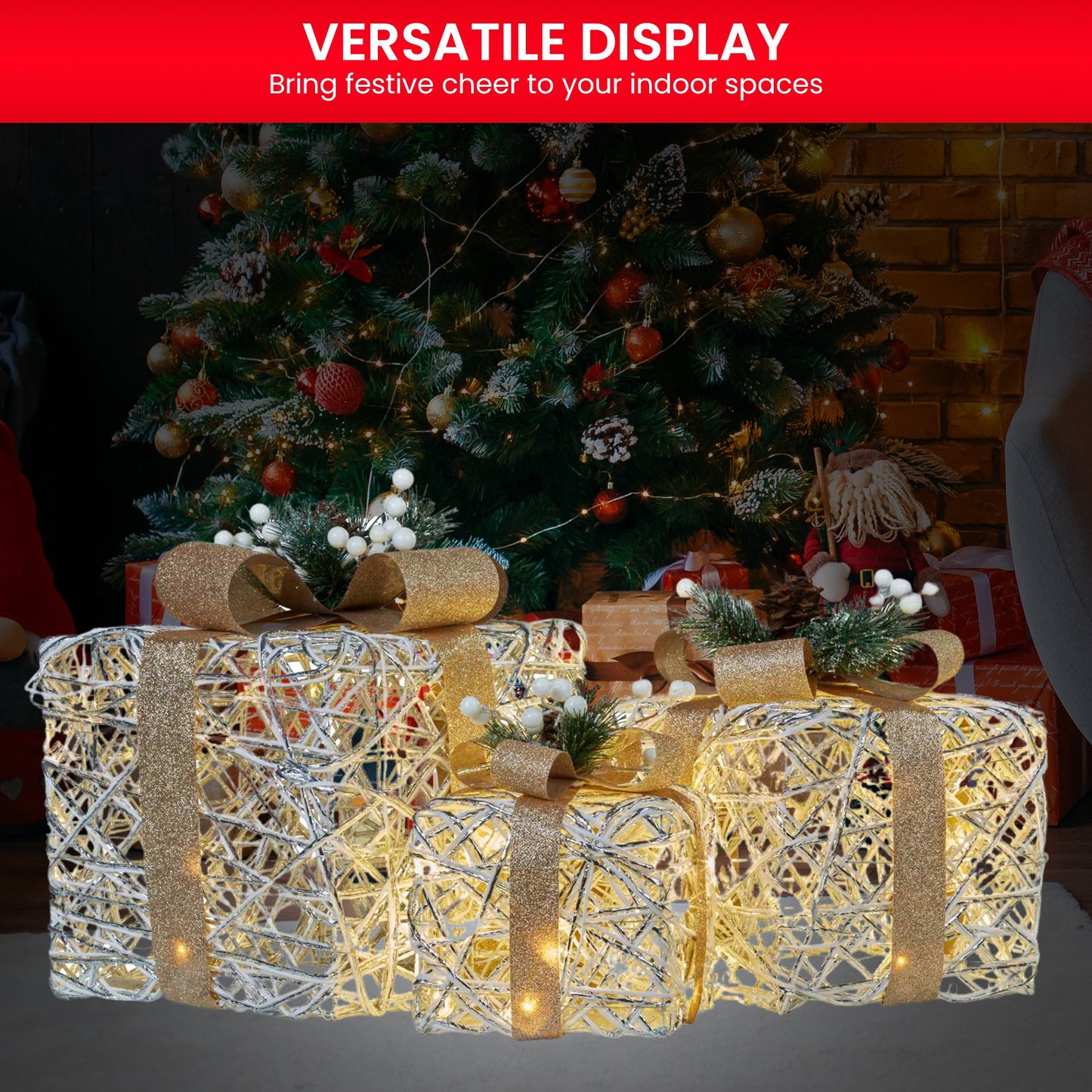 Christabelle 3 Piece Christmas Present Display Set with LED Lights & Gold Bows