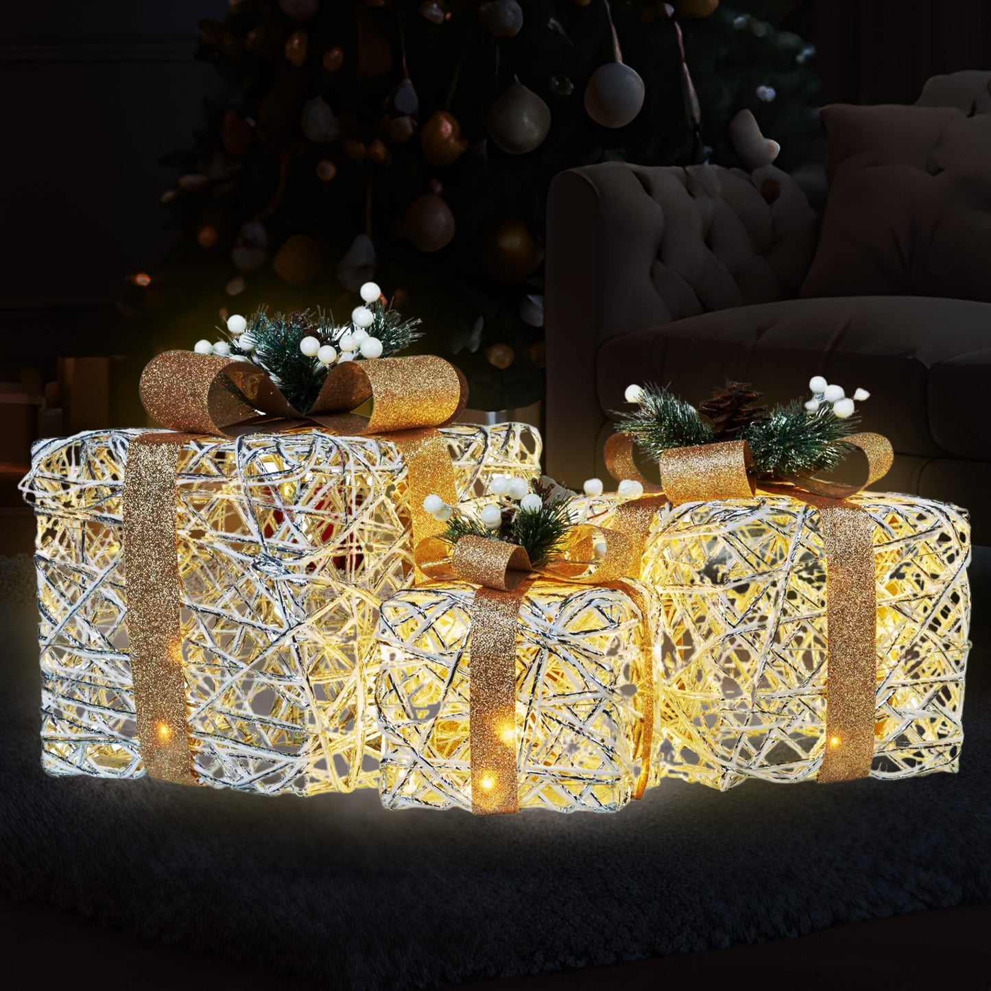Christabelle 3 Piece Christmas Present Display Set with LED Lights & Gold Bows