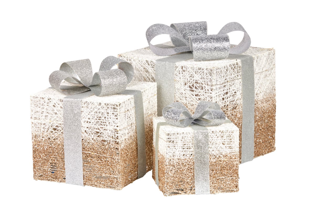 Christabelle 3 Piece Christmas Present Display Set with Lights - Champagne Finish