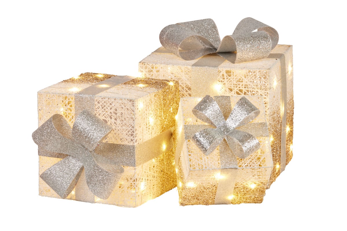 Christabelle 3 Piece Christmas Present Display Set with Lights - Champagne Finish