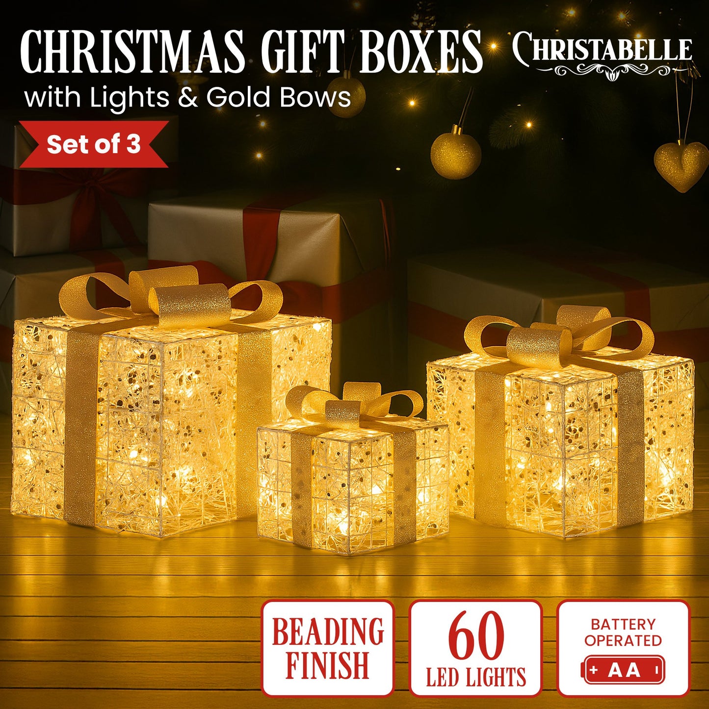Christabelle Battery Operated Golden Christmas Gift Boxes with Lights & Gold Bows - Set of 3