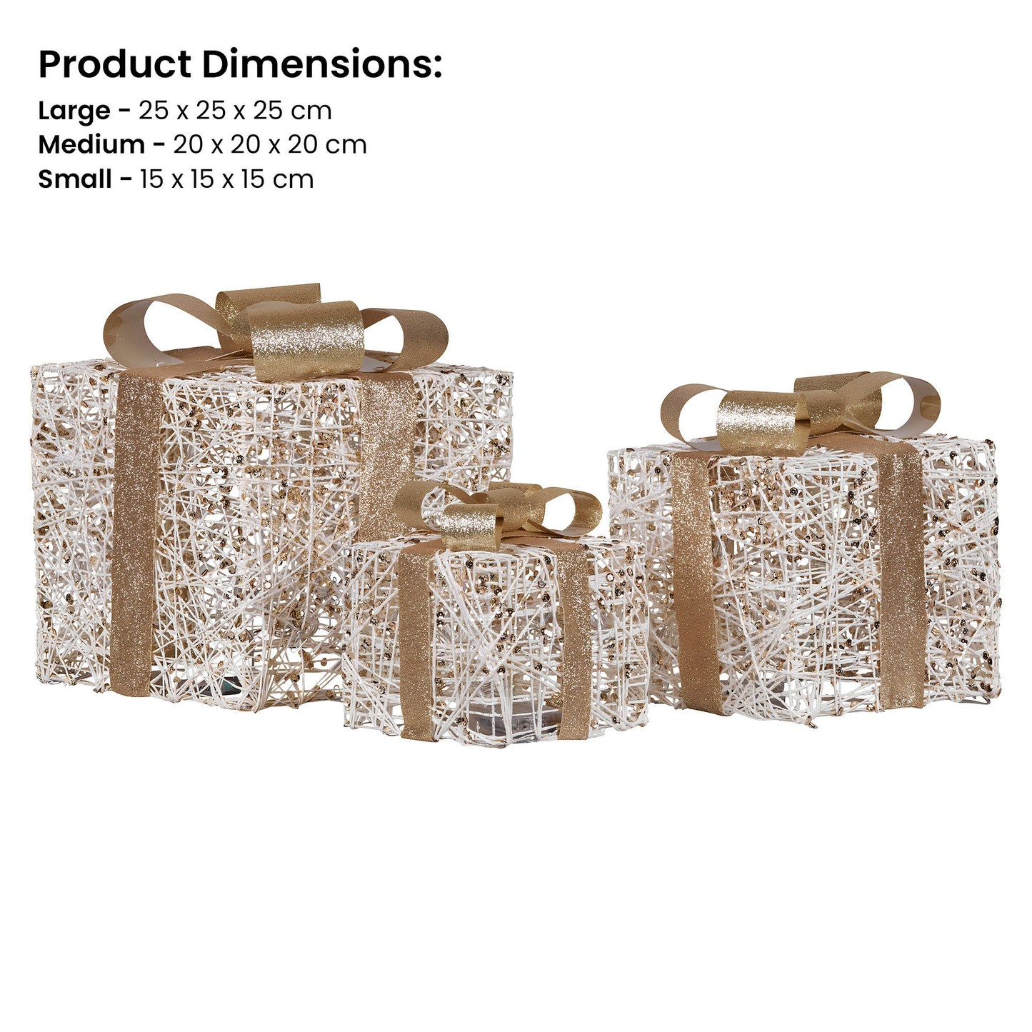 Christabelle Battery Operated Golden Christmas Gift Boxes with Lights & Gold Bows - Set of 3