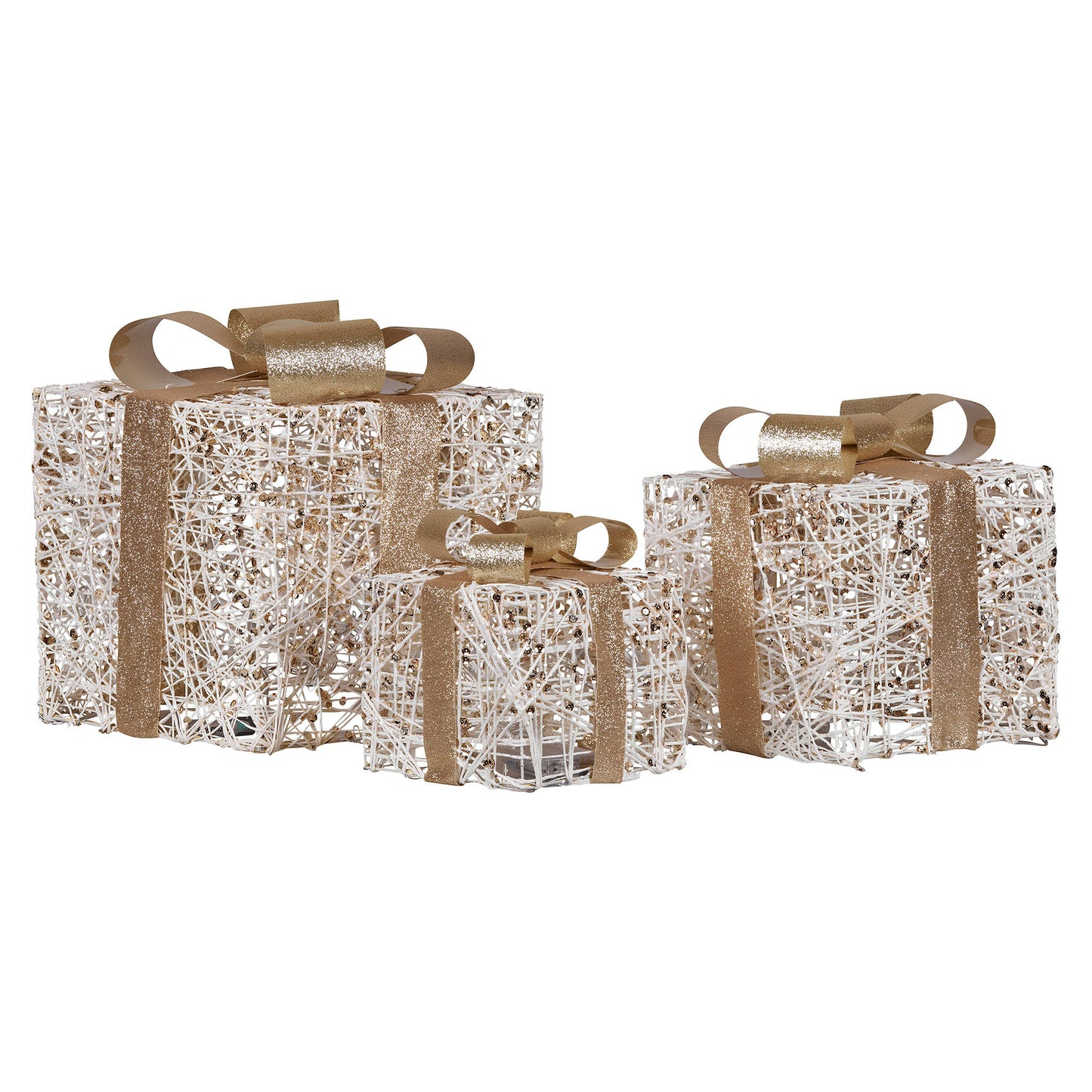 Christabelle Battery Operated Golden Christmas Gift Boxes with Lights & Gold Bows - Set of 3