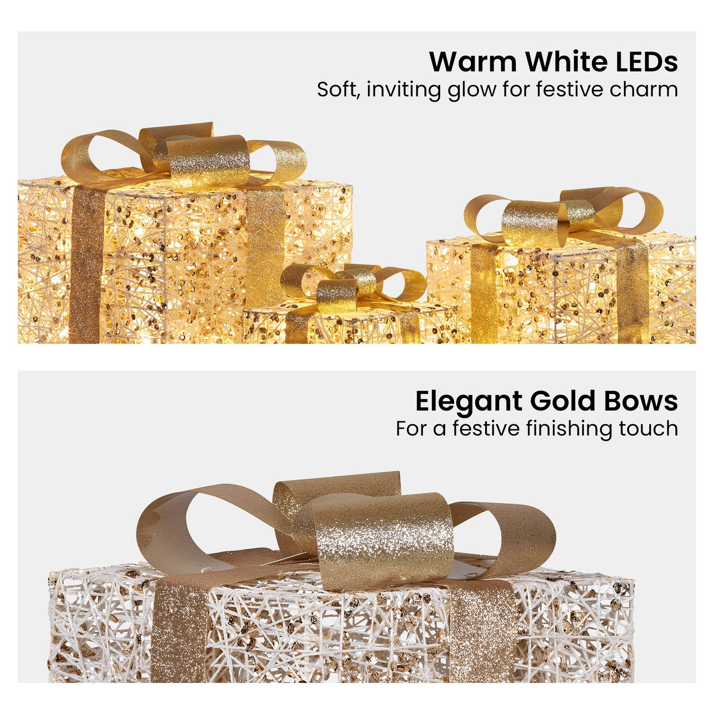 Christabelle Battery Operated Golden Christmas Gift Boxes with Lights & Gold Bows - Set of 3
