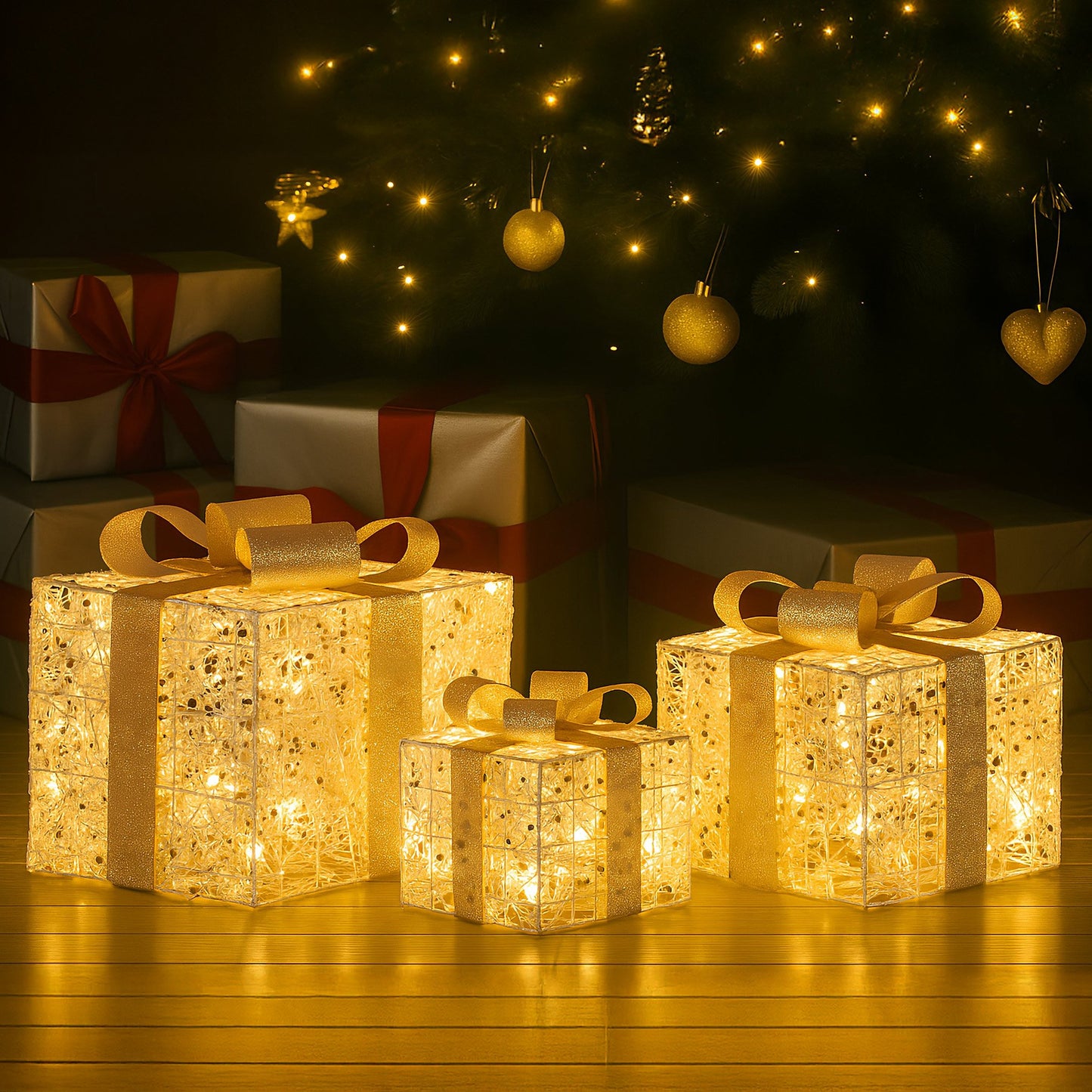 Christabelle Battery Operated Golden Christmas Gift Boxes with Lights & Gold Bows - Set of 3