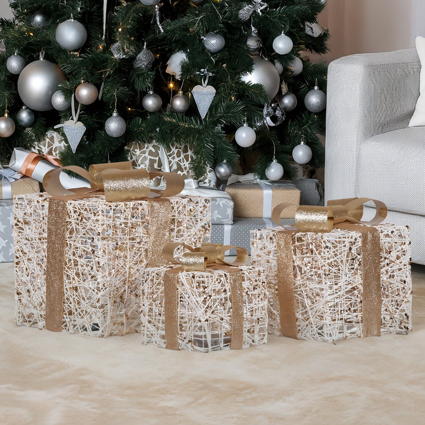 Christabelle Battery Operated Golden Christmas Gift Boxes with Lights & Gold Bows - Set of 3