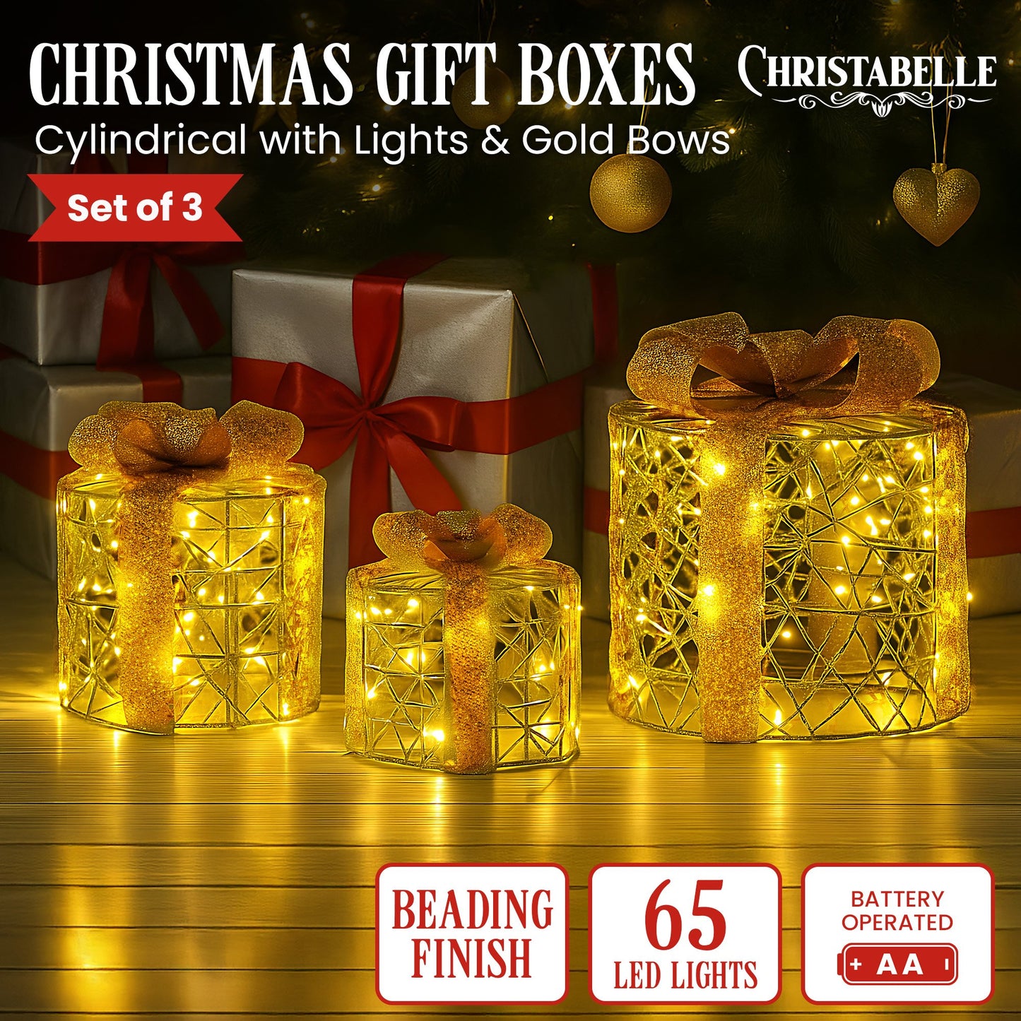 Christabelle Battery Operated Golden Cylindrical Christmas Gift Boxes with Lights - Set of 3