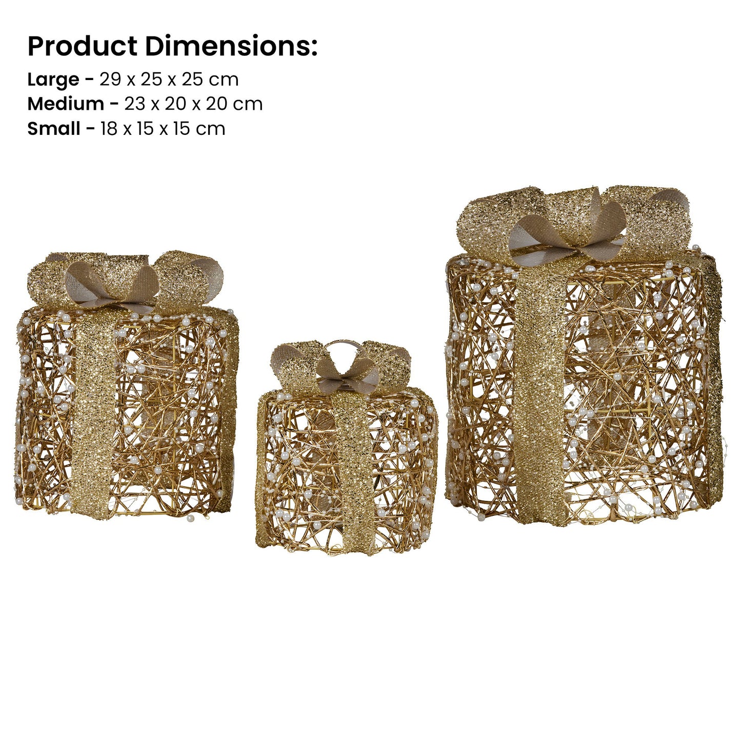 Christabelle Battery Operated Golden Cylindrical Christmas Gift Boxes with Lights - Set of 3