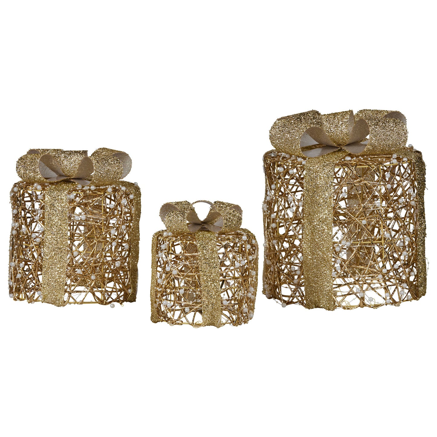 Christabelle Battery Operated Golden Cylindrical Christmas Gift Boxes with Lights - Set of 3