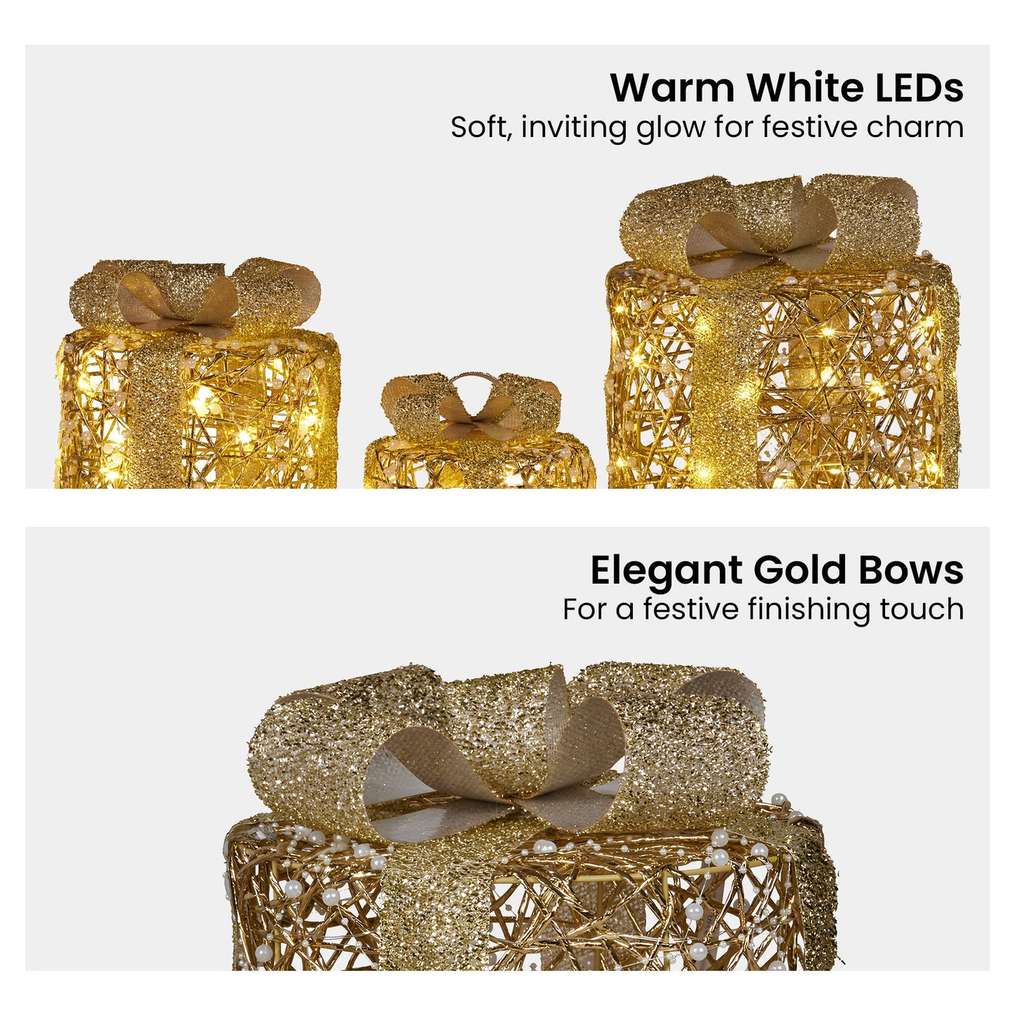 Christabelle Battery Operated Golden Cylindrical Christmas Gift Boxes with Lights - Set of 3