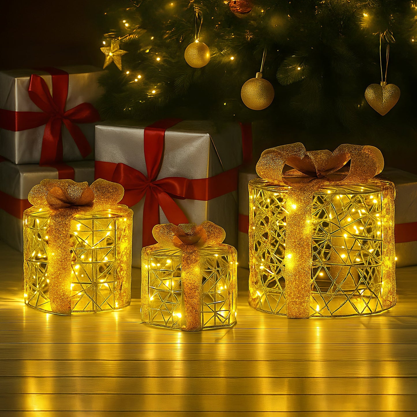 Christabelle Battery Operated Golden Cylindrical Christmas Gift Boxes with Lights - Set of 3