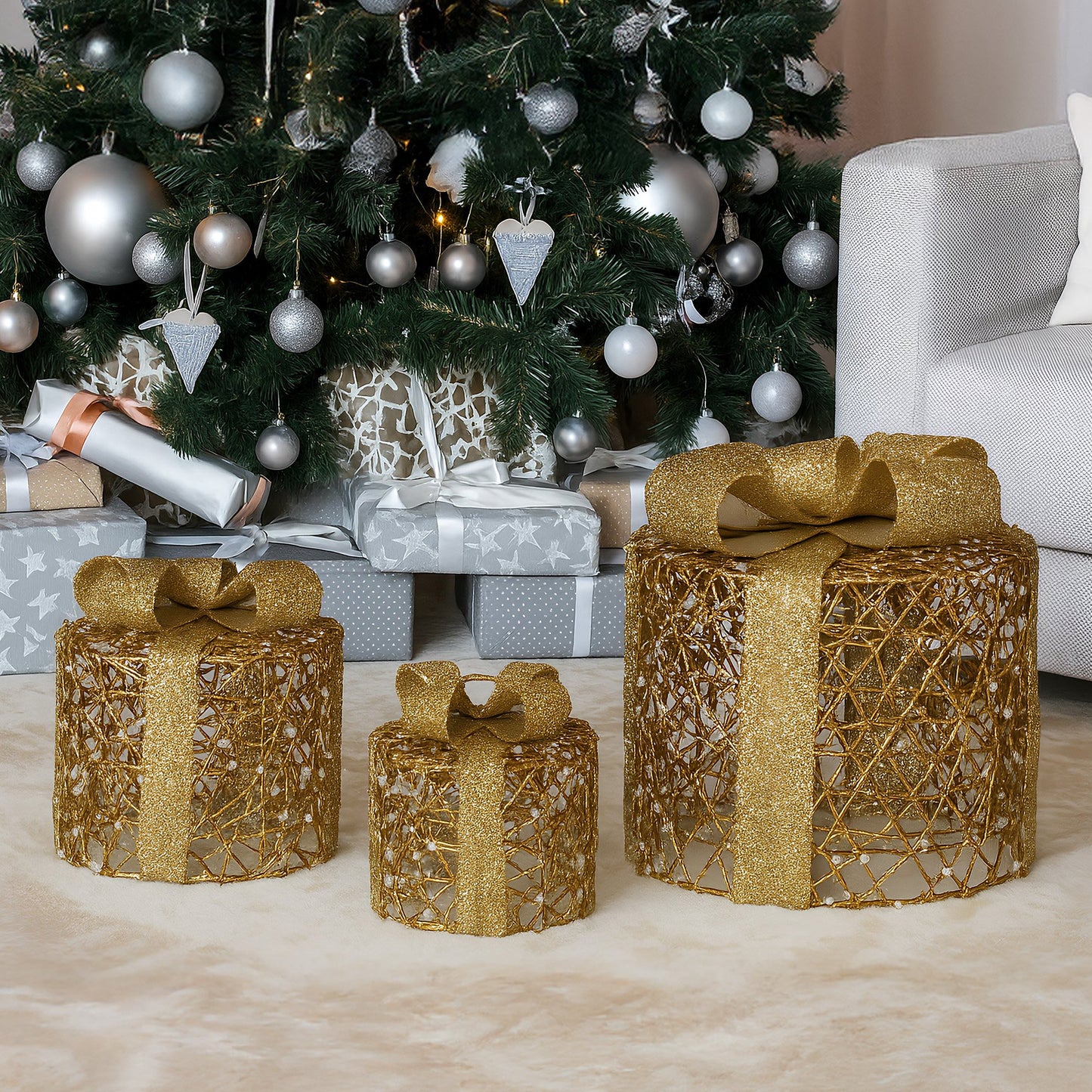 Christabelle Battery Operated Golden Cylindrical Christmas Gift Boxes with Lights - Set of 3