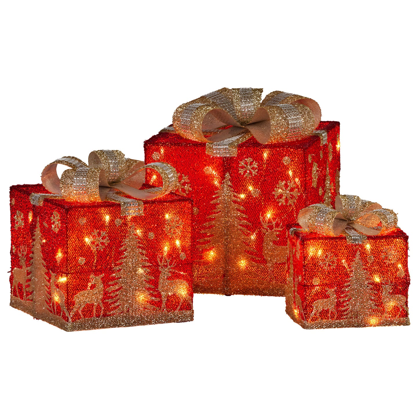 Christabelle Battery Operated Red Christmas Gift Boxes with Lights, Gold Scenery & Gold Bows - Set of 3