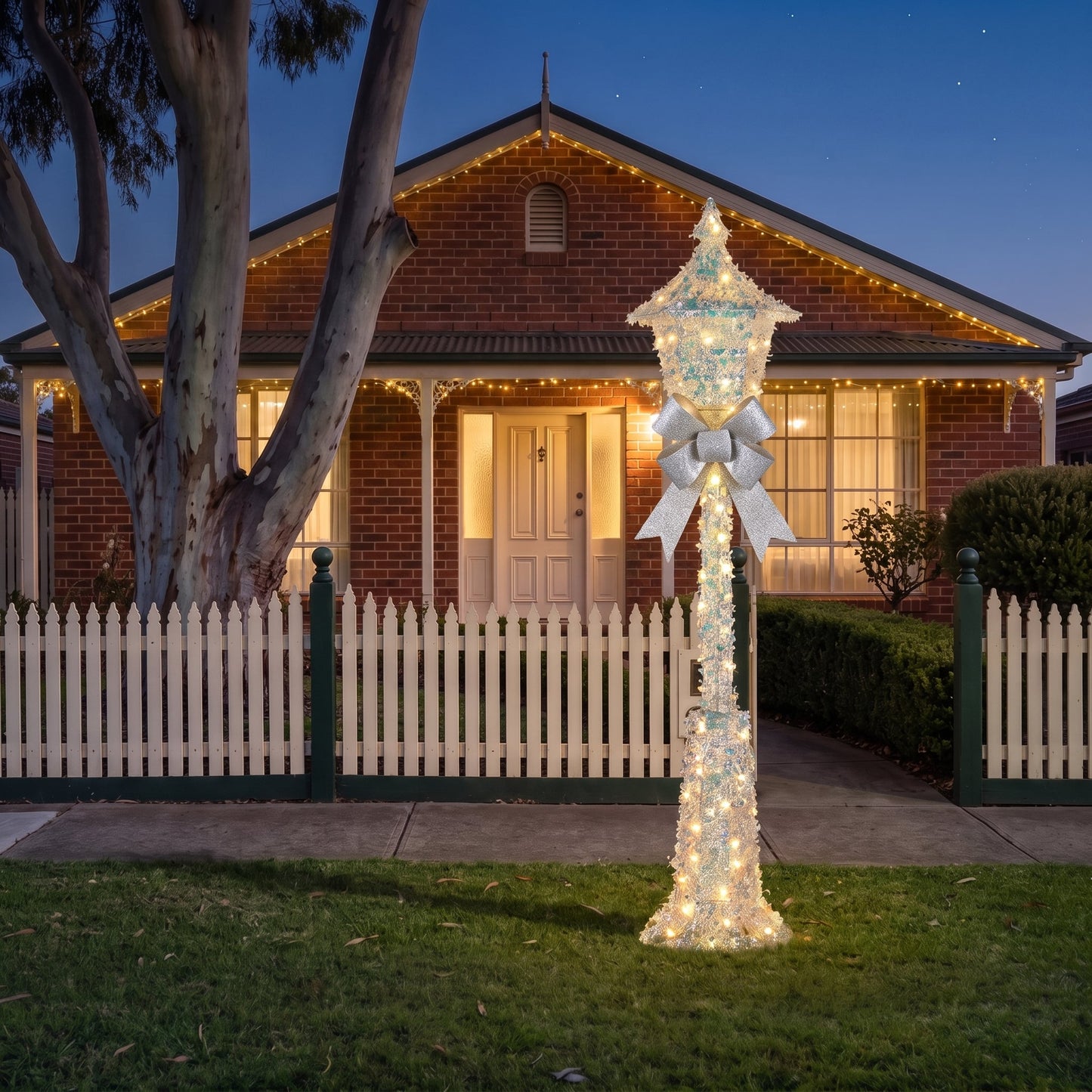 Christabelle 1.5m Lamp Post Christmas Light Up Display Silver Bows Warm White LED Outdoor Indoor Xmas Yard Lawn Statue