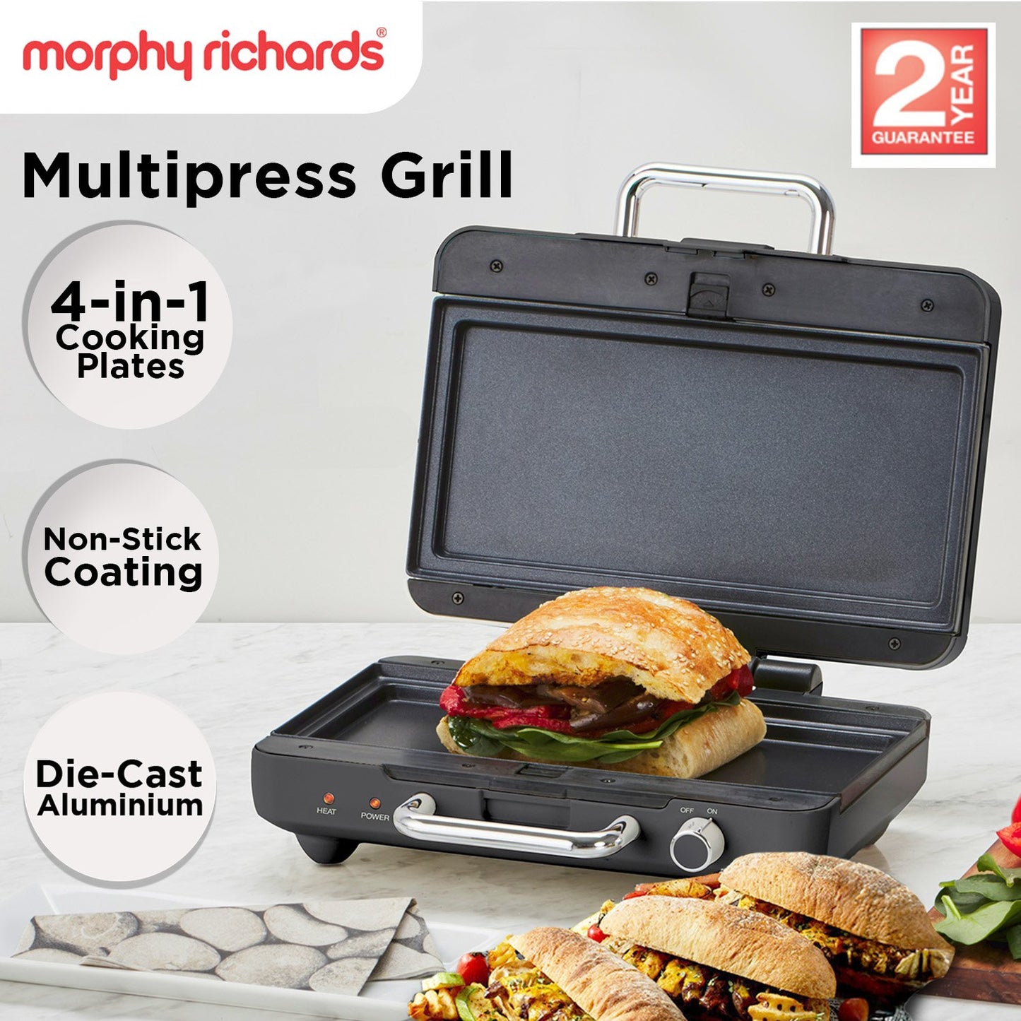 Morphy Richards MREMP4TNM Titanium 900W Multipress Jaffle Panini Waffle Pie 4 Plates Non-Stick Press Sandwich Maker