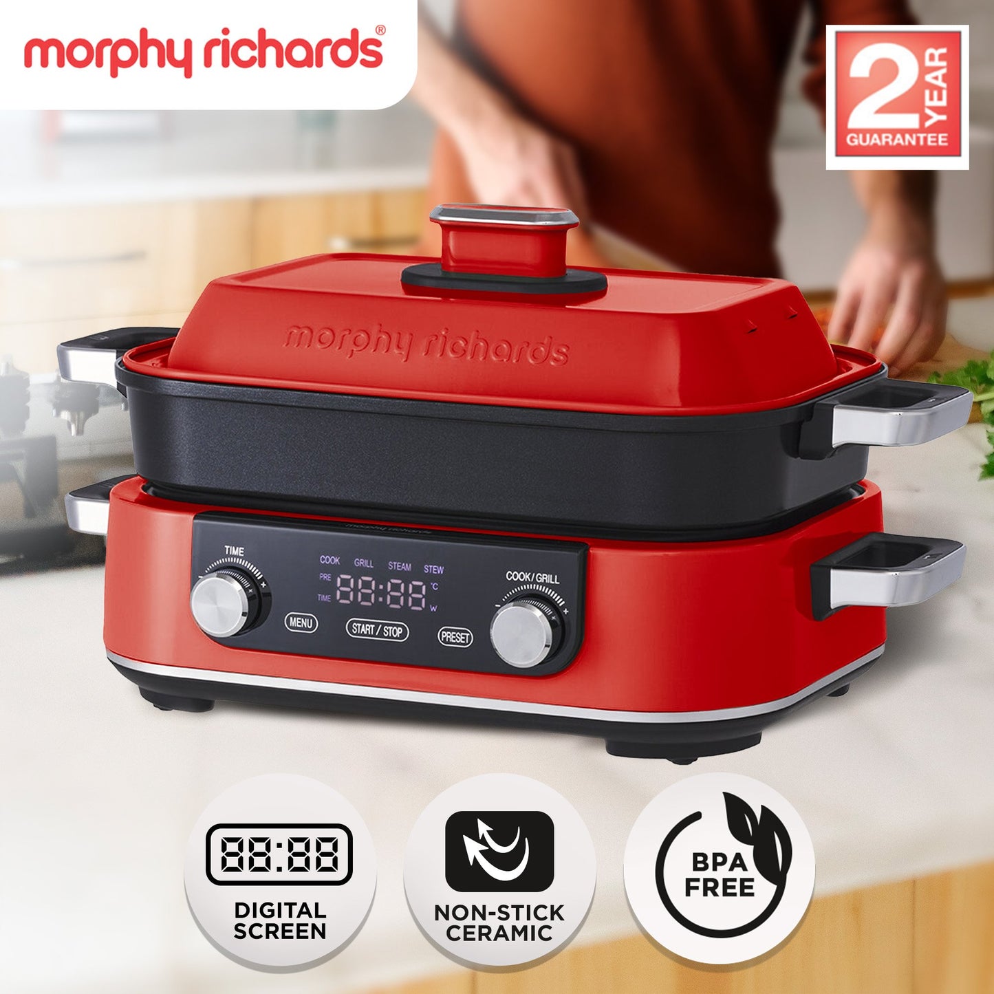 Morphy Richards 3L Non-Stick Multifunction Electric Cooker Pan in Red