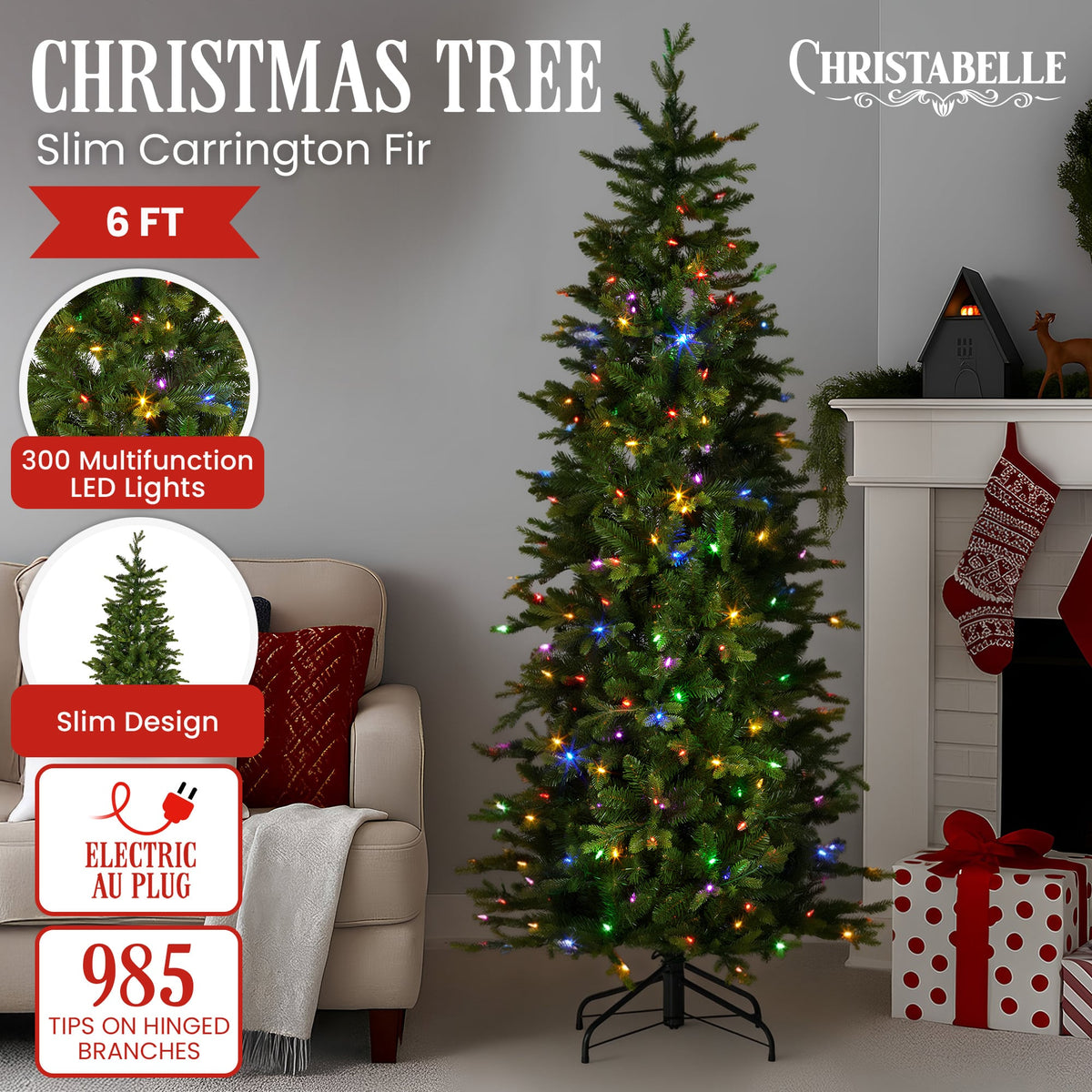 Christabelle 1.8m 6ft Slim Carrington Fir Christmas Tree Multi Functional White & Coloured LED Lights & Foot Pedal