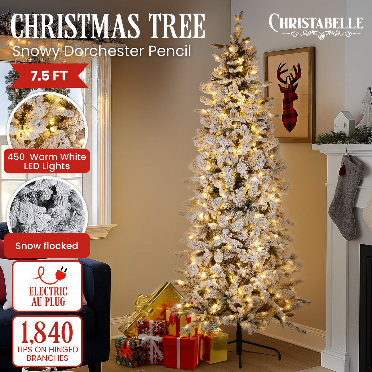 Christabelle Snowy Dorchester Pencil 2.3m 7.5ft Christmas Tree Pine Cone LED