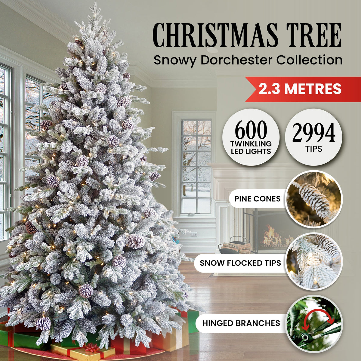 Christabelle 2.3m Snowy Dorchester Pre-Lit Christmas Tree with 1198 Tips