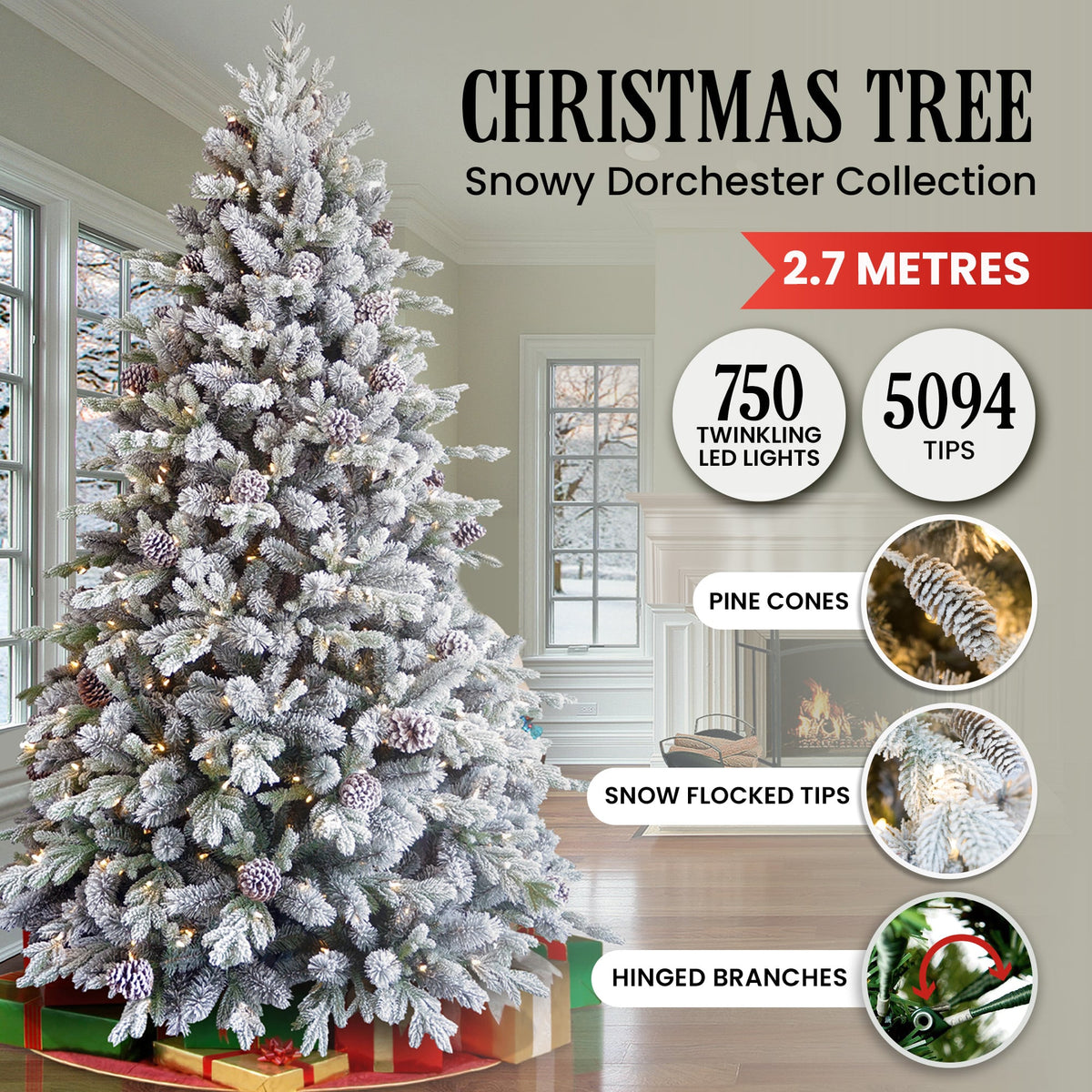 Christabelle 2.7m 9ft Christmas Tree with Twinkle Lights- Snowy Dorchester