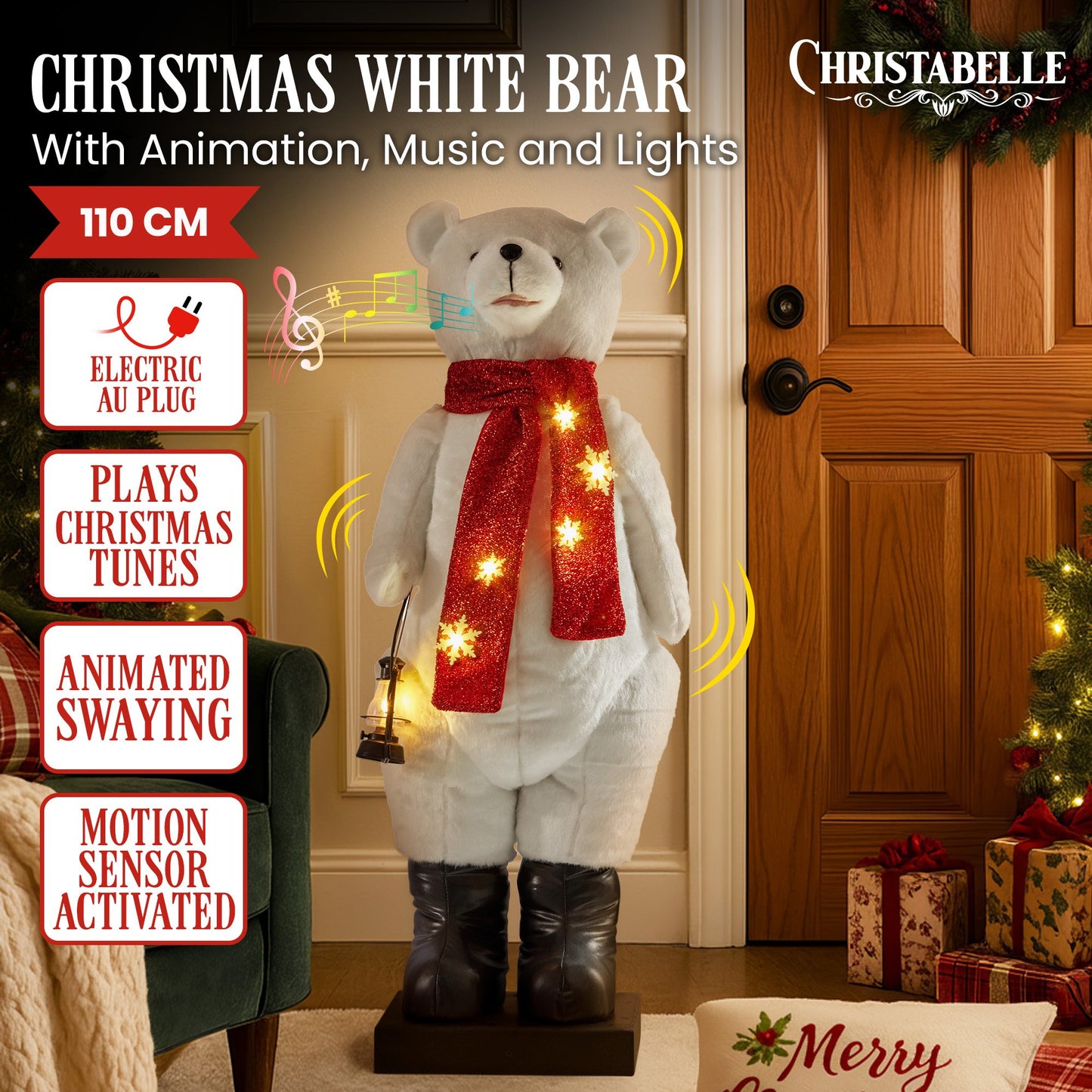 Christabelle Large 1.1m Musical Animated LED White Christmas Bear Decoration Light-Up Lantern Ornament