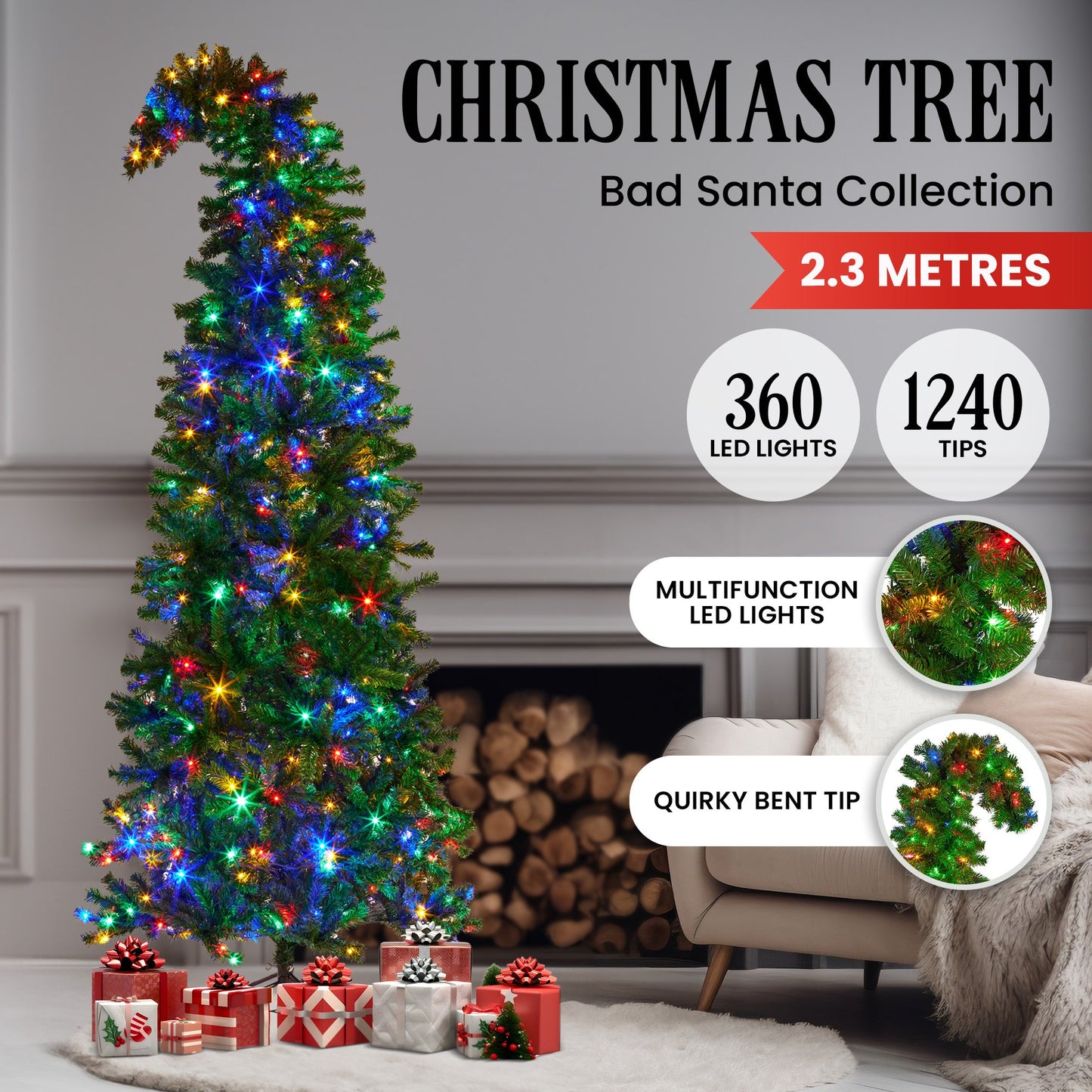 Christabelle Bad Santa Curved Multicolour Pre-Lit Christmas Tree - 2.3m
