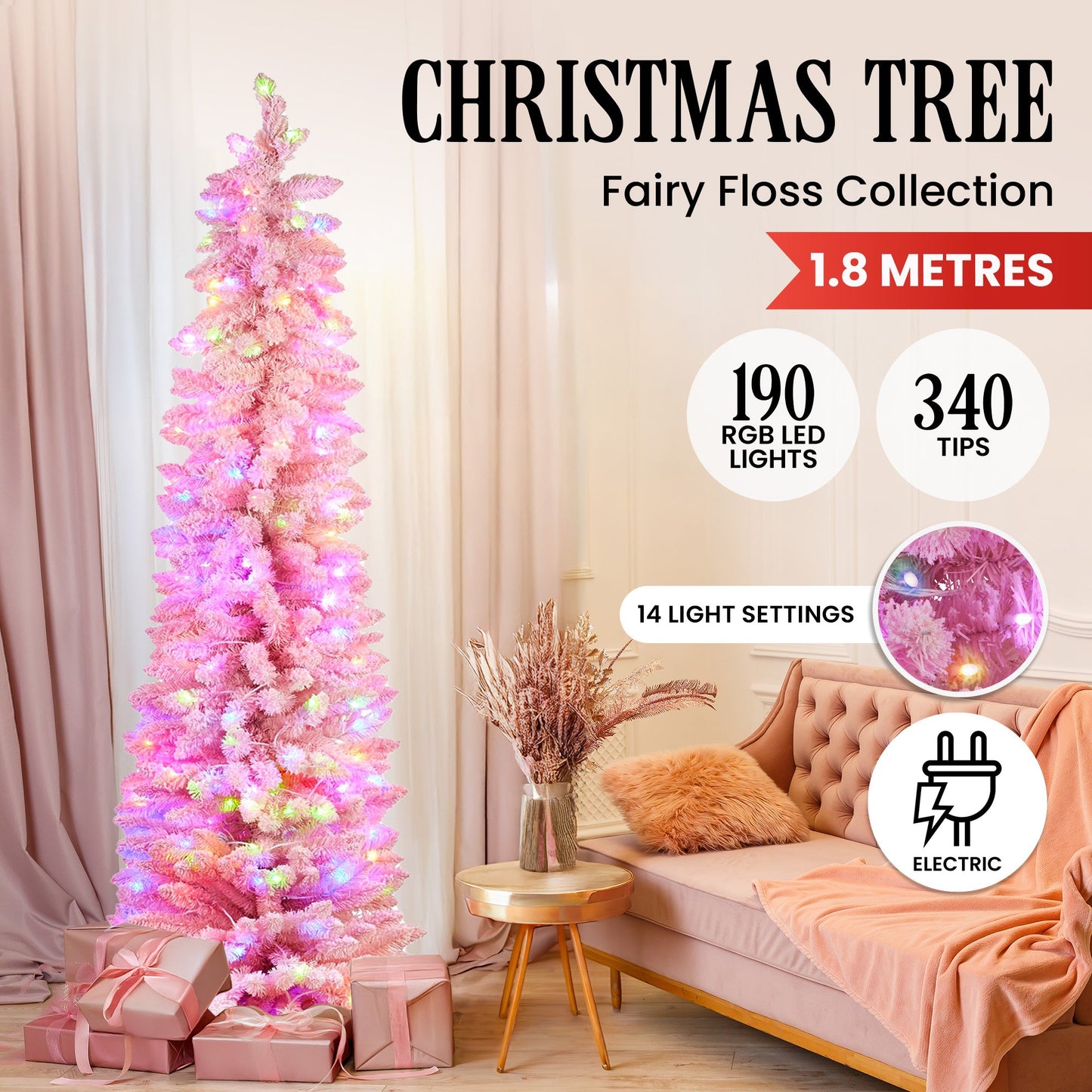 Christabelle Candy Floss Pink 1.8m Pre-Lit Multicolour Slim Christmas Tree