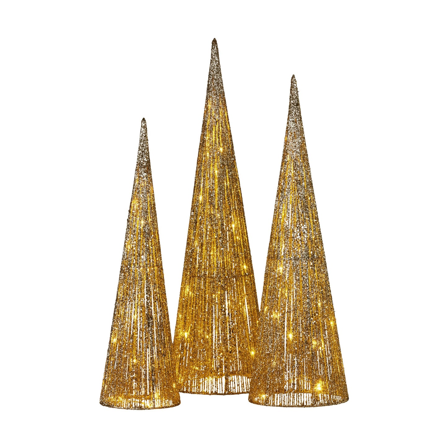Christabelle Pre-Lit Gold Cone Christmas Trees Set of 3 Warm White LED Lights Outdoor Adaptor Varying Heights Indoor Outdoor Holiday Dcor