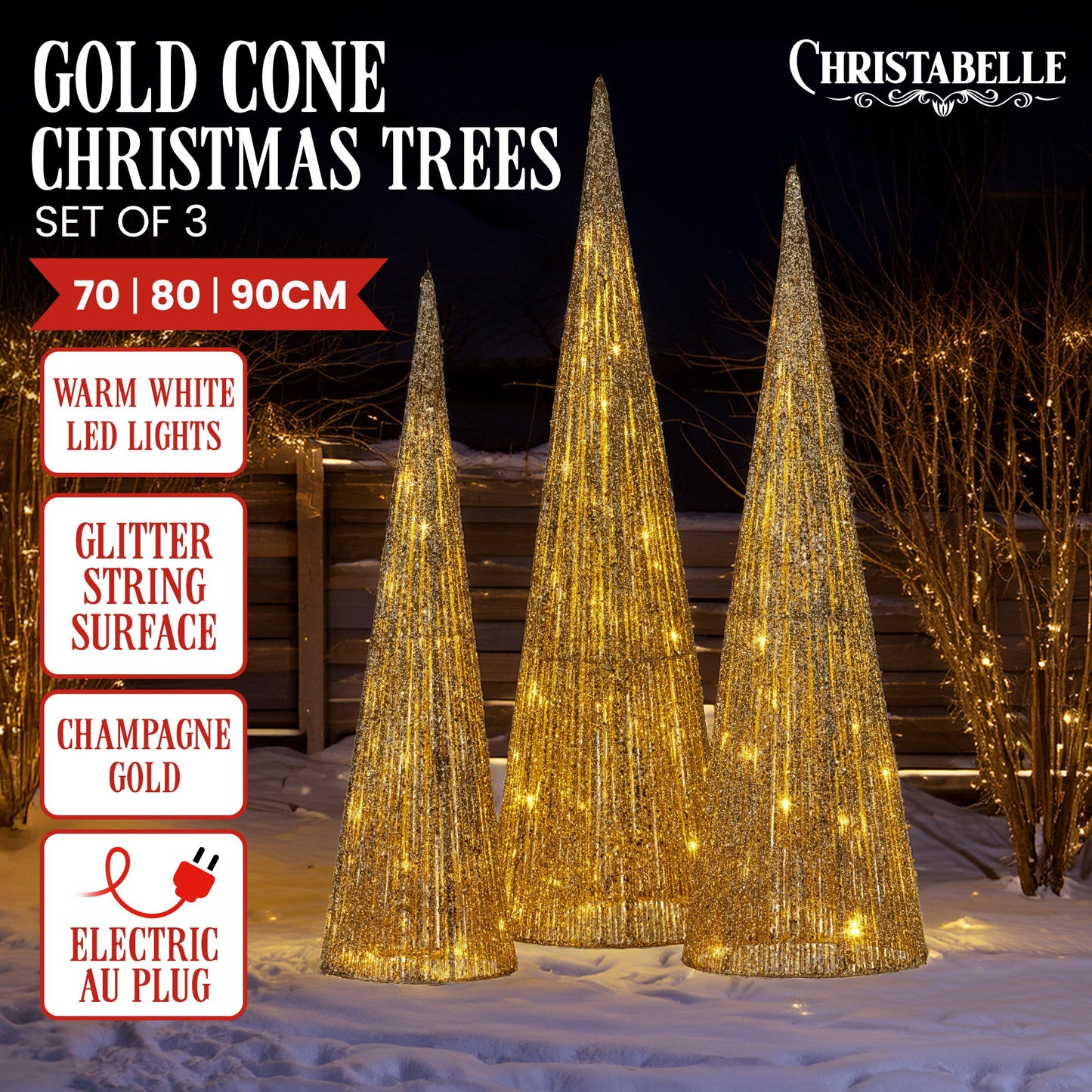 Christabelle Pre-Lit Gold Cone Christmas Trees Set of 3 Warm White LED Lights Outdoor Adaptor Varying Heights Indoor Outdoor Holiday Dcor