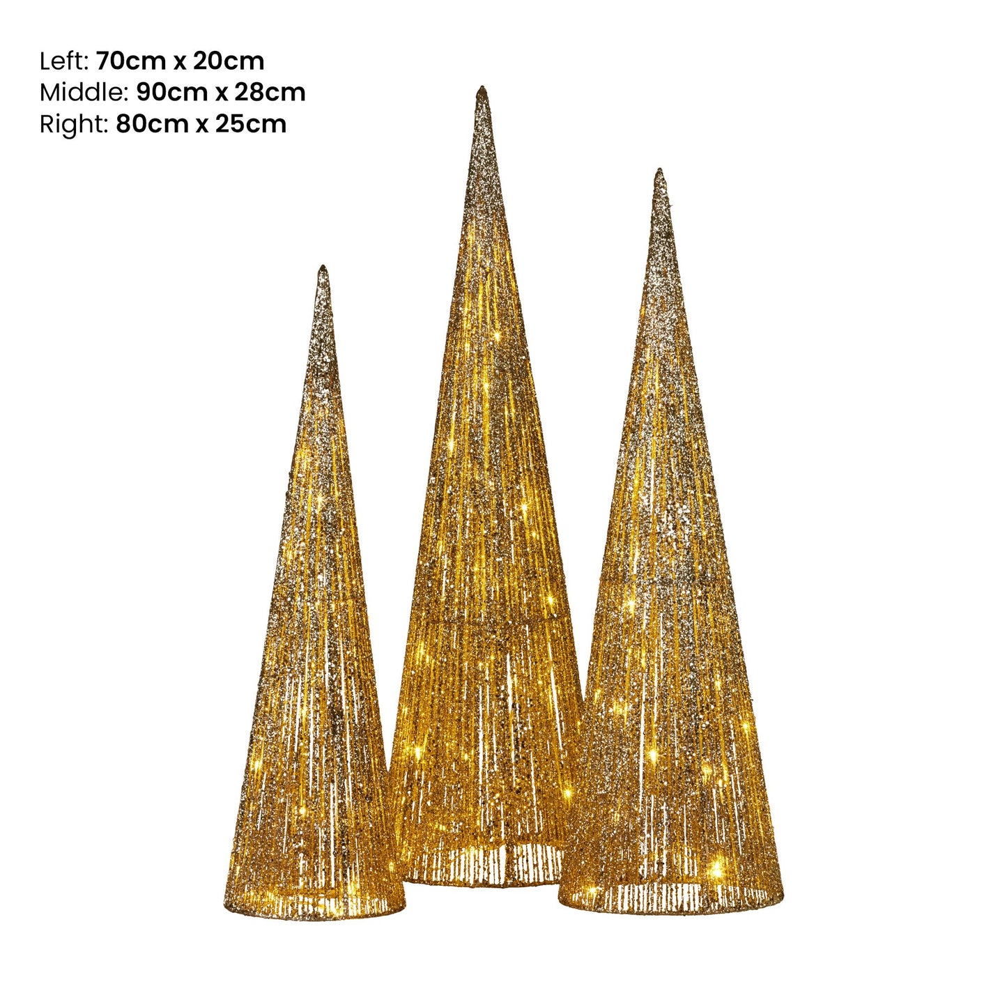 Christabelle Pre-Lit Gold Cone Christmas Trees Set of 3 Warm White LED Lights Outdoor Adaptor Varying Heights Indoor Outdoor Holiday Dcor