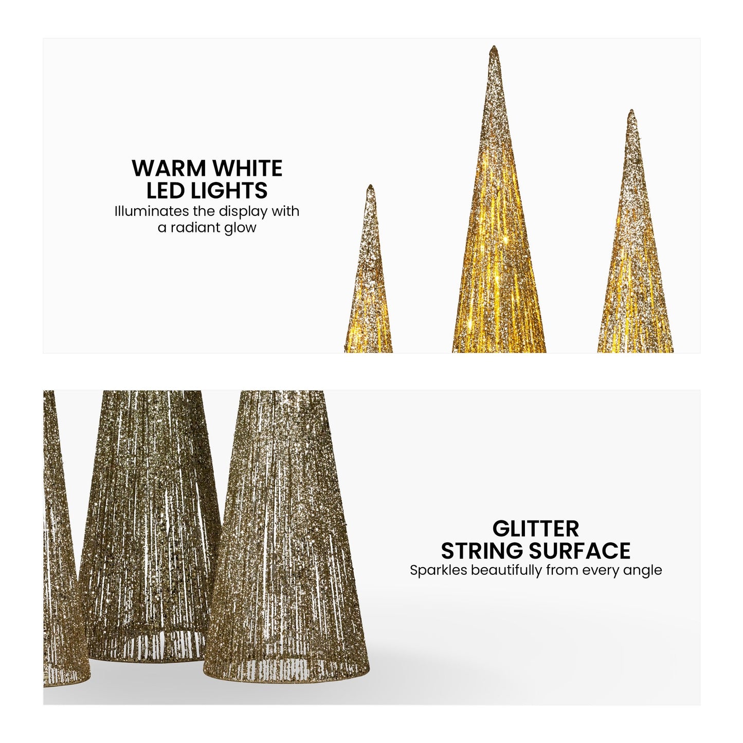 Christabelle Pre-Lit Gold Cone Christmas Trees Set of 3 Warm White LED Lights Outdoor Adaptor Varying Heights Indoor Outdoor Holiday Dcor