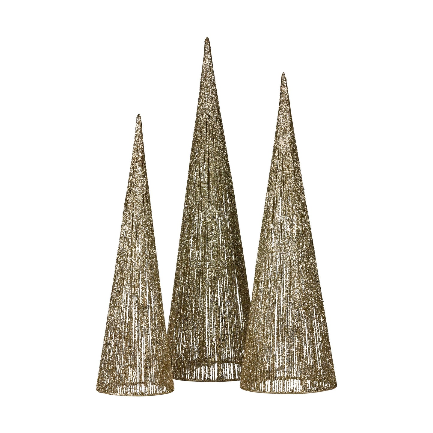 Christabelle Pre-Lit Gold Cone Christmas Trees Set of 3 Warm White LED Lights Outdoor Adaptor Varying Heights Indoor Outdoor Holiday Dcor