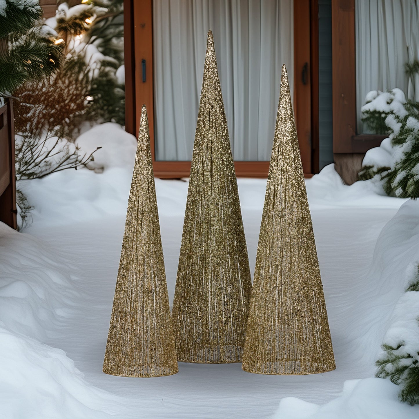 Christabelle Pre-Lit Gold Cone Christmas Trees Set of 3 Warm White LED Lights Outdoor Adaptor Varying Heights Indoor Outdoor Holiday Dcor