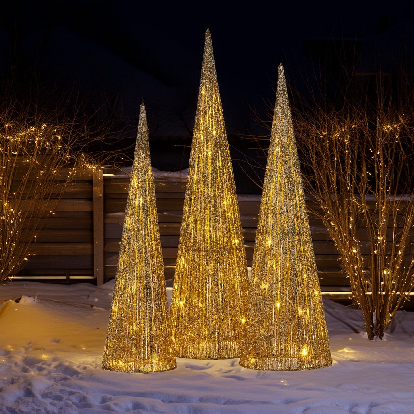Christabelle Pre-Lit Gold Cone Christmas Trees Set of 3 Warm White LED Lights Outdoor Adaptor Varying Heights Indoor Outdoor Holiday Dcor