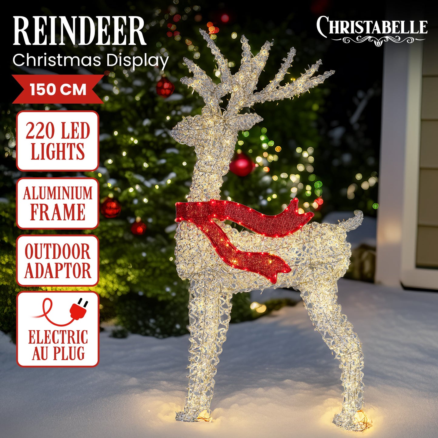 Christabelle Large 1.5m Christmas Reindeer Outdoor Indoor Display Decoration Lawn Statue LED Lights Red Bow