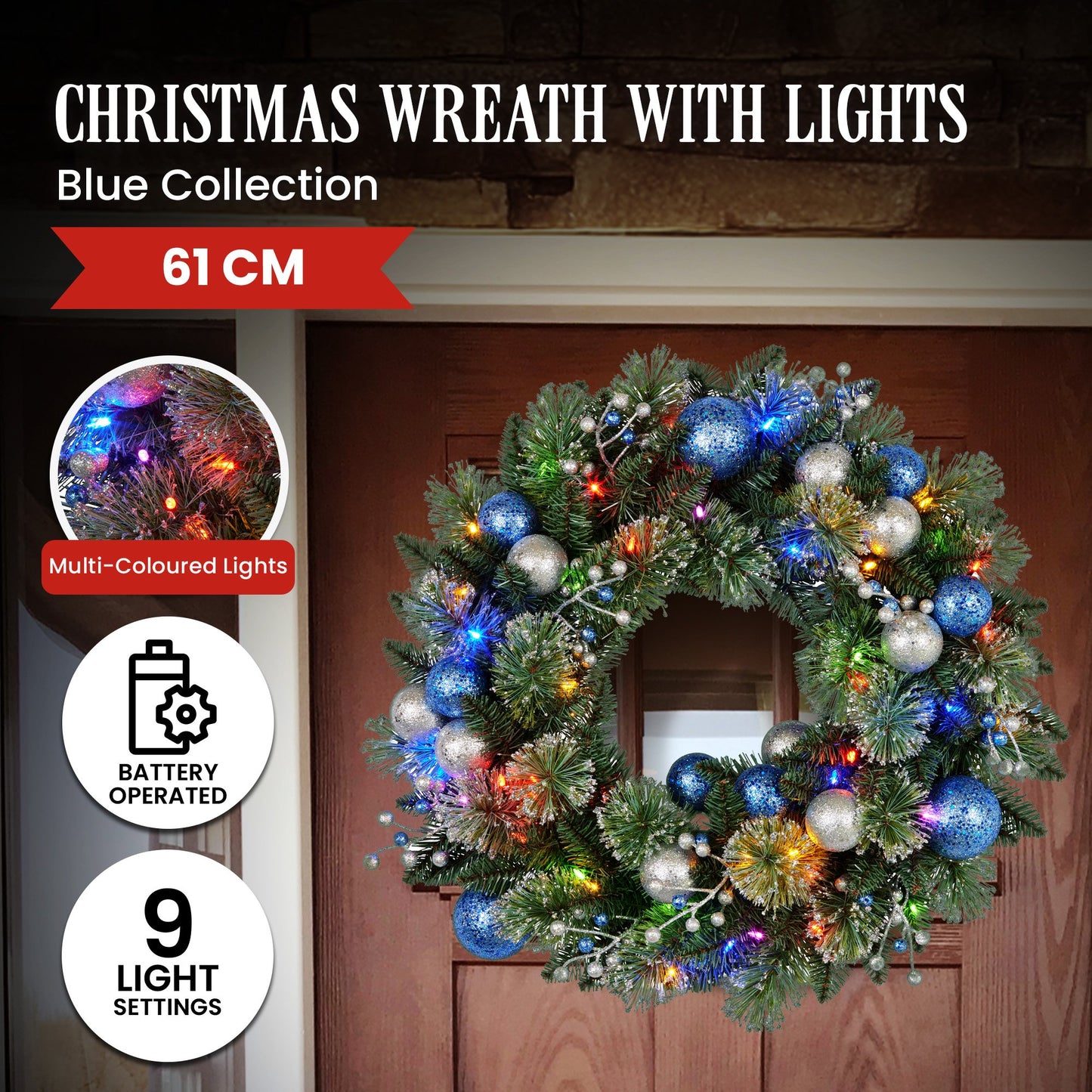Christabelle 61cm Christmas Wreath Blue Silver Baubles Multicolour LED Lights Front Door Decoration Ornament
