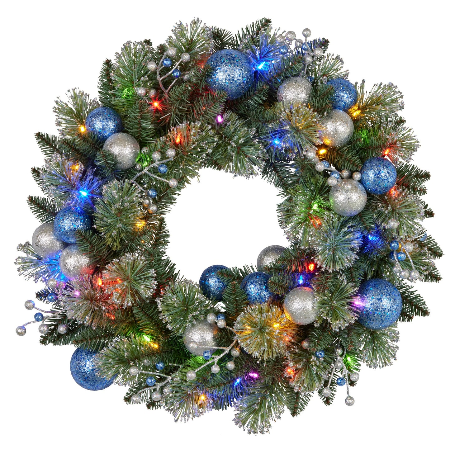 Christabelle 61cm Christmas Wreath Blue Silver Baubles Multicolour LED Lights Front Door Decoration Ornament