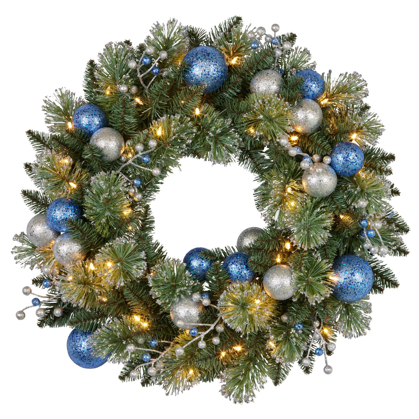 Christabelle 61cm Christmas Wreath Blue Silver Baubles Multicolour LED Lights Front Door Decoration Ornament