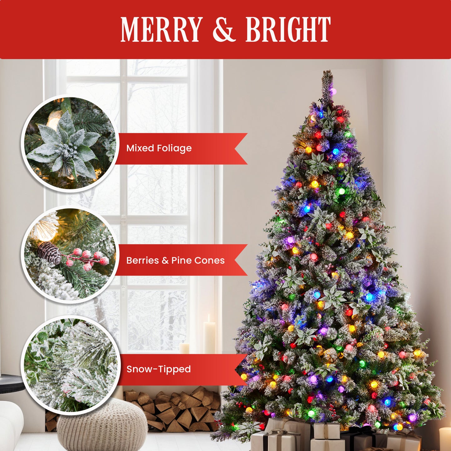 Christabelle Snowy Crown Pine 2.3m Multicolour Pre-Lit Christmas Tree with 1453 Tips