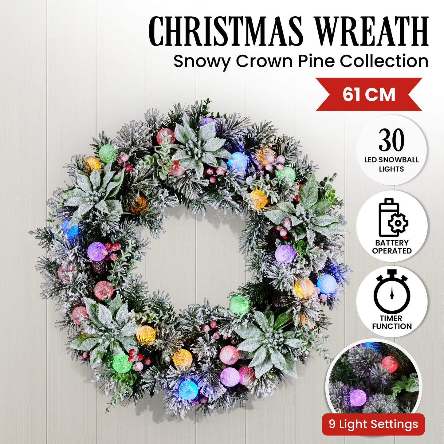 Christabelle Stunning 61cm Snowy Christmas Wreath with LED Lights Crown Pine Baubles Front Door Decoration Ornament