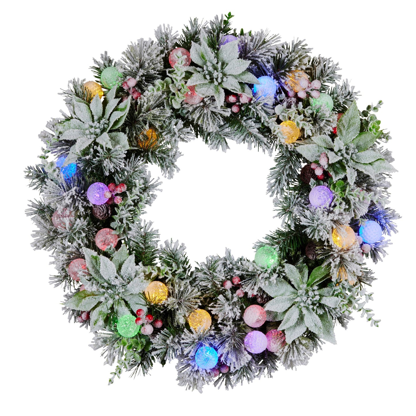 Christabelle Stunning 61cm Snowy Christmas Wreath with LED Lights Crown Pine Pre-Lit Baubles Front Door Decoration Ornament