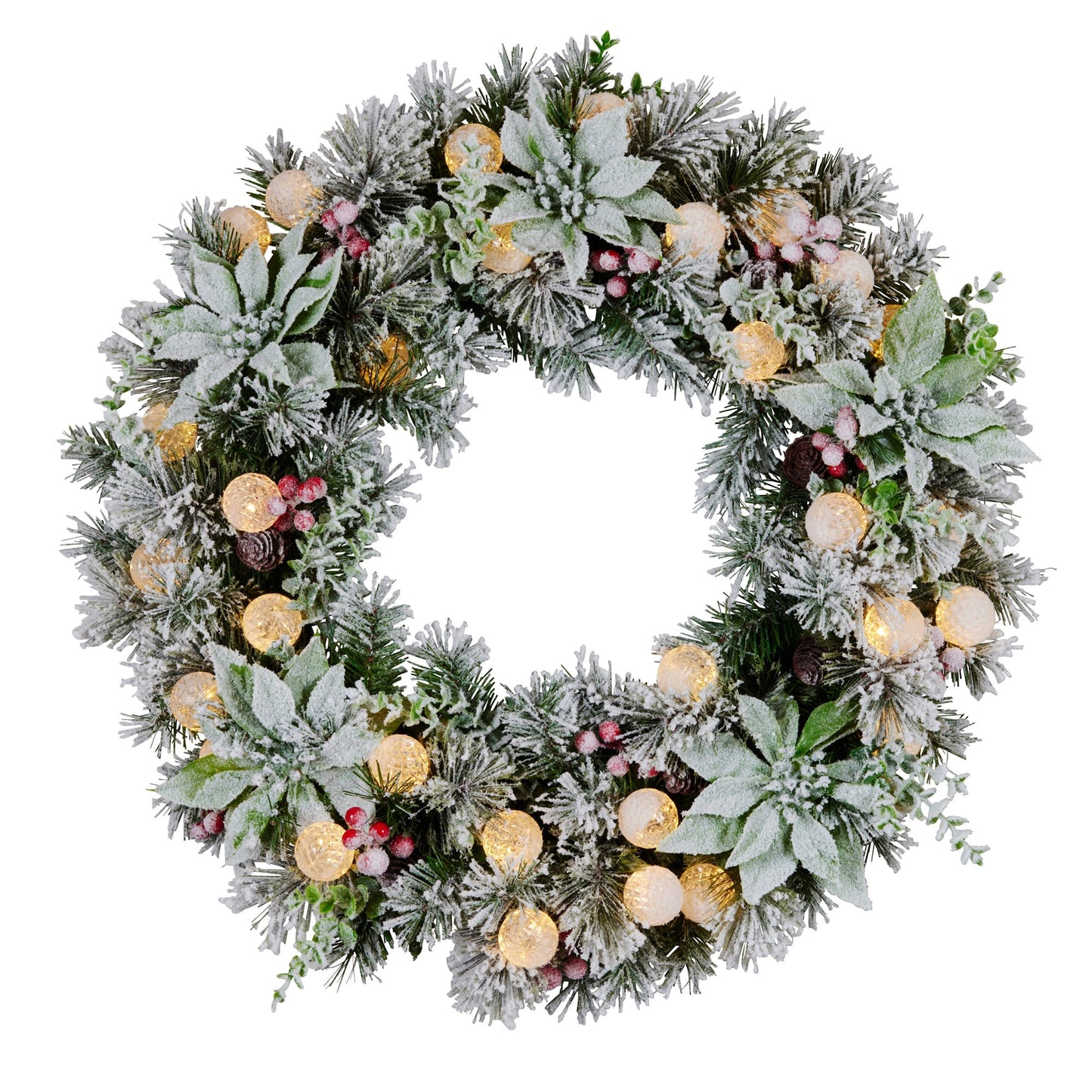 Christabelle Stunning 61cm Snowy Christmas Wreath with LED Lights Crown Pine Pre-Lit Baubles Front Door Decoration Ornament