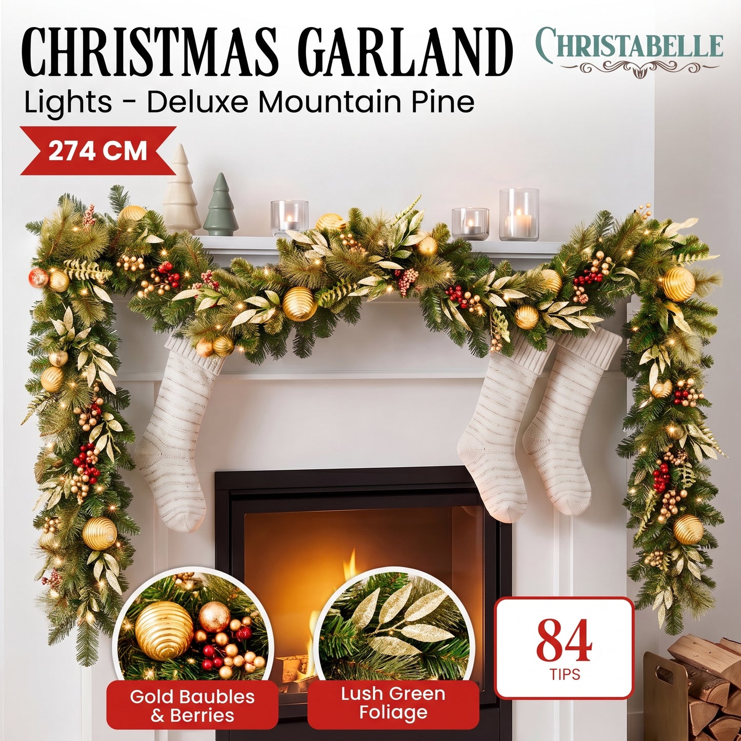 Christabelle 2.74m Deluxe Mountain Pine Christmas Garland Pre Lit Multi Function LED Timer Indoor Festive Holiday Decor