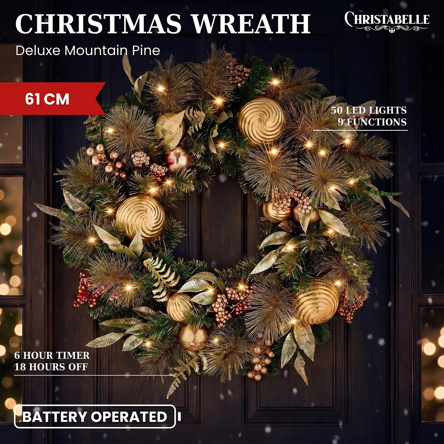 Christabelle 61cm Deluxe Mountain Pine Christmas Wreath Pre Lit Multi Function LED Timer Front Door Xmas Decoration Home