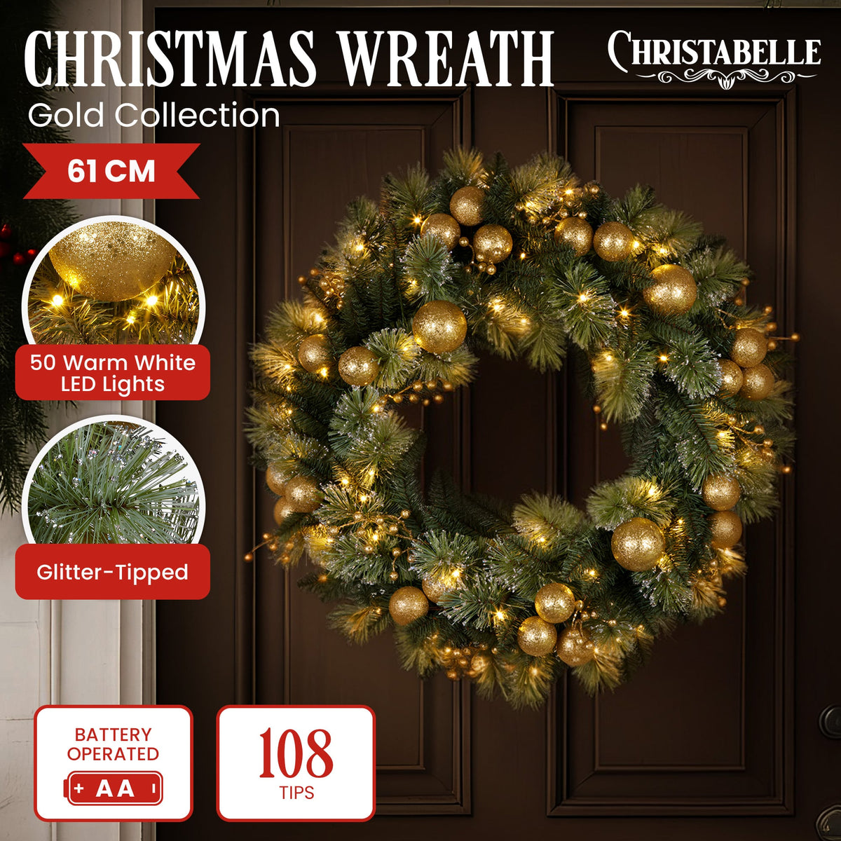 Christabelle 61cm Christmas Wreath Glittery with LED Lights Golden Baubles Front Door Decoration Ornament