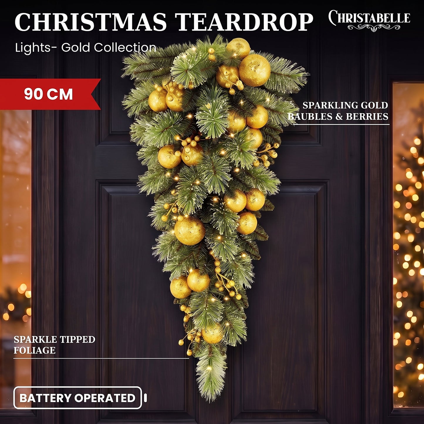 Christabelle 90cm Gold Christmas Teardrop Pre Lit Warm White LED Timer Baubles Berries Front Door Xmas Decoration Home