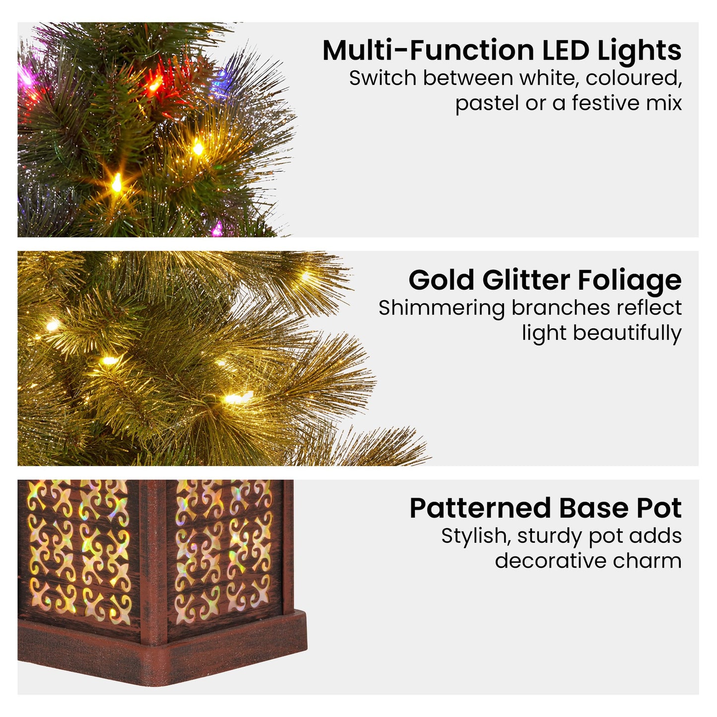 Christabelle 4ft Christmas Tree Glittery Gold Pine Foliage LED Multi Lights Xmas Decor