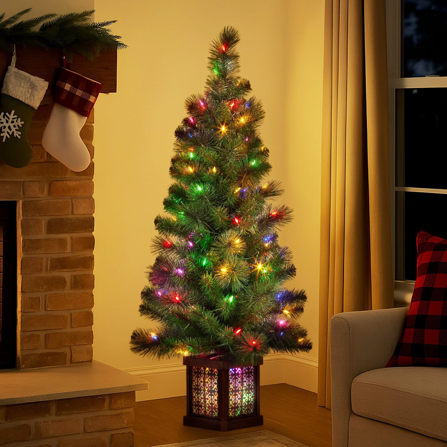 Christabelle 4ft Christmas Tree Glittery Gold Pine Foliage LED Multi Lights Xmas Decor